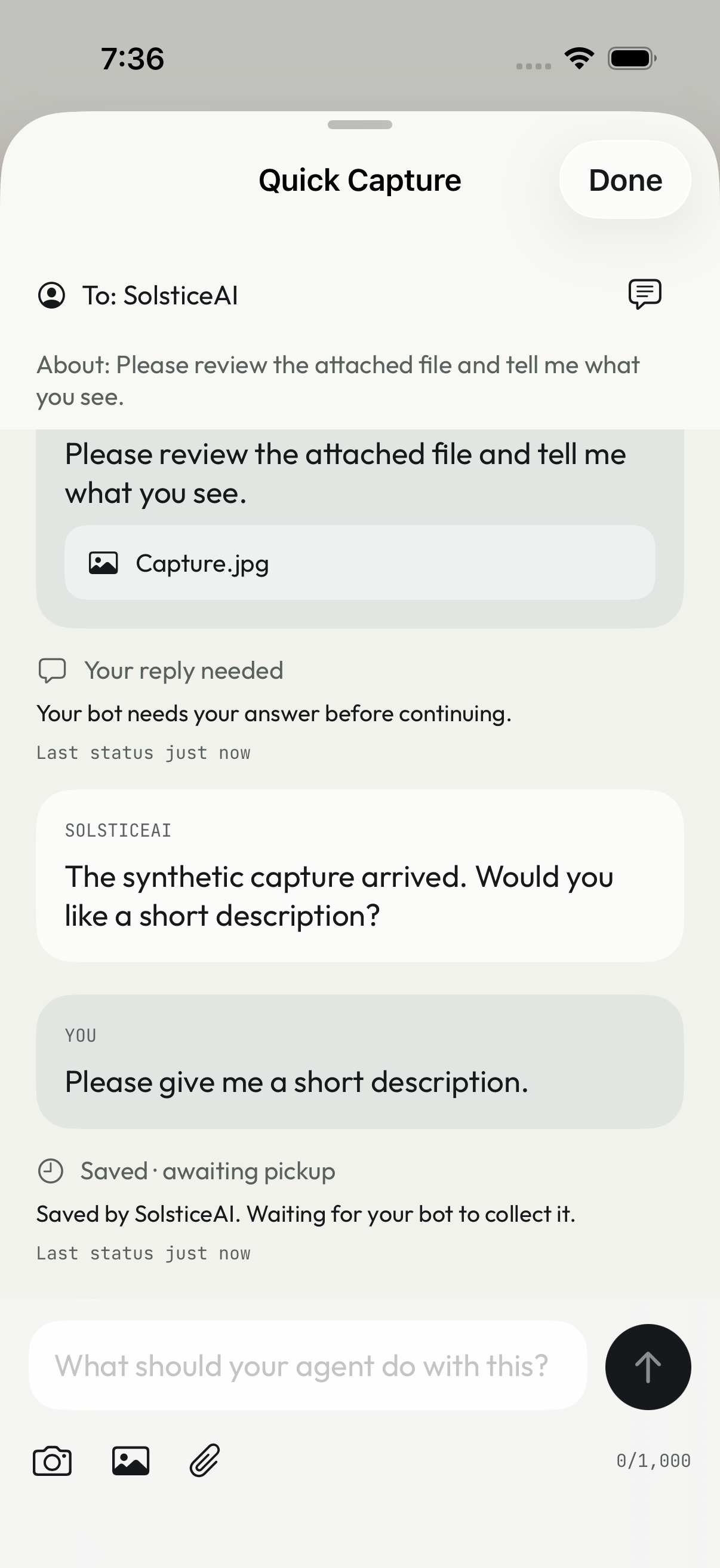 Native SolsticeAI conversation with an agent reply and suggested follow-up responses