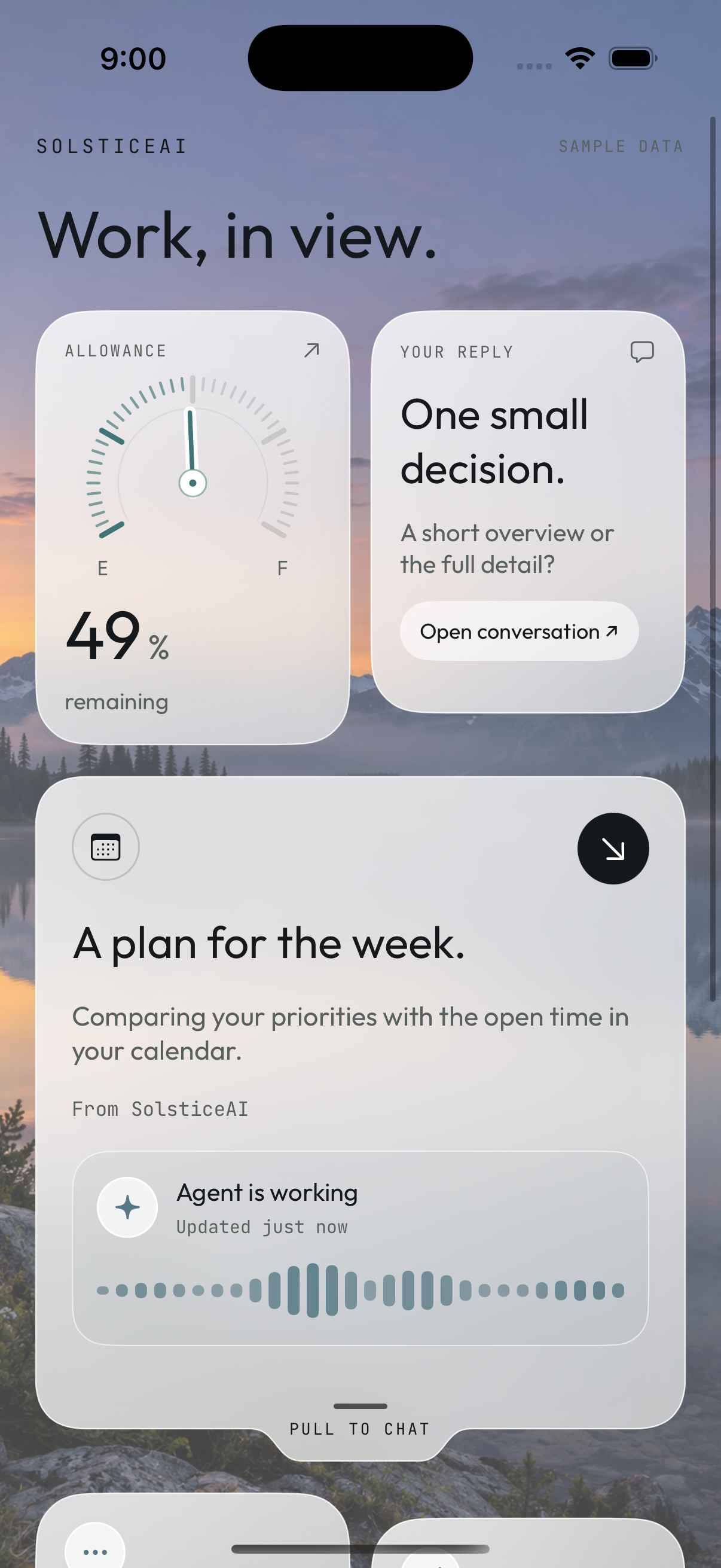 Native SOLSTICE/AI component preview with a usage dial, white translucent cards and a working activity graph