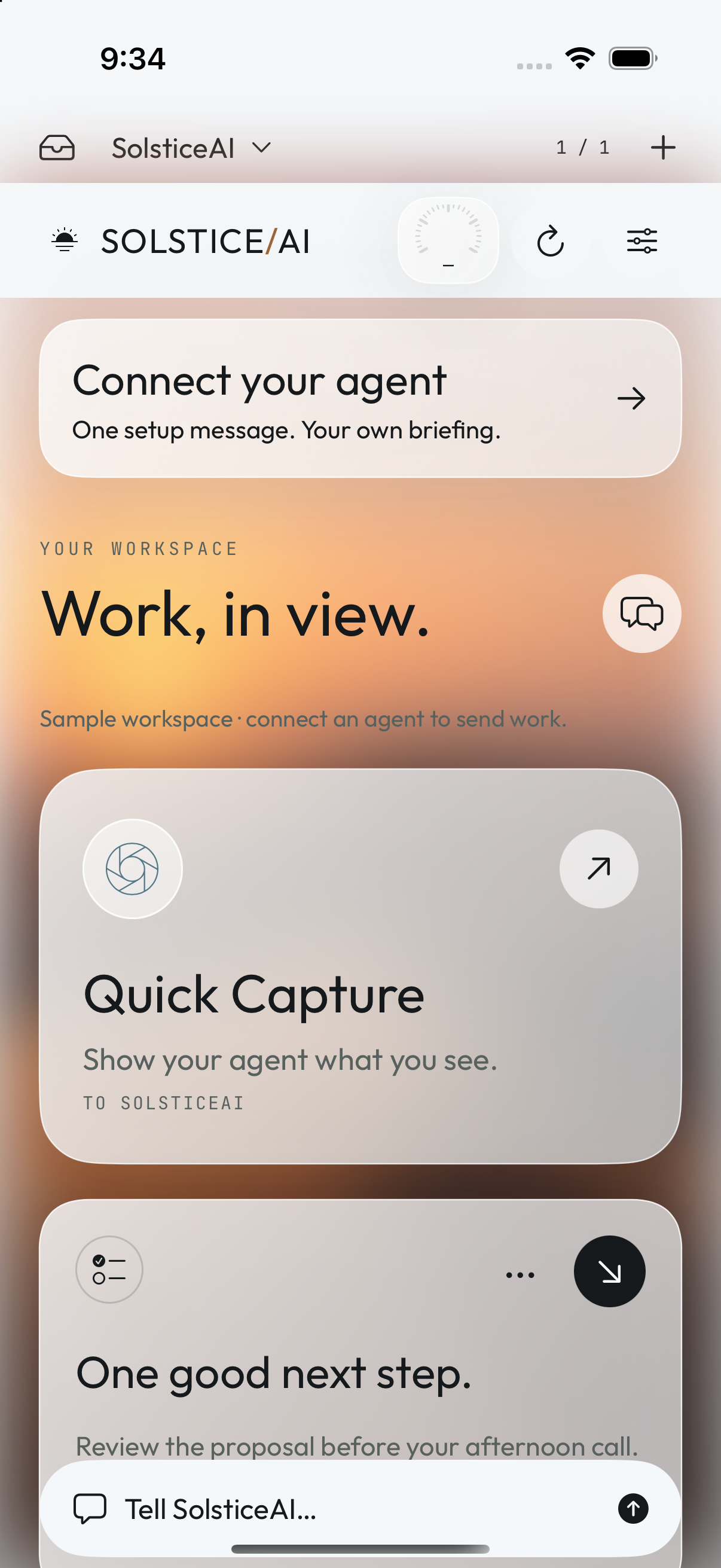 SOLSTICE/AI workspace with a translucent Quick Capture card over an amber background